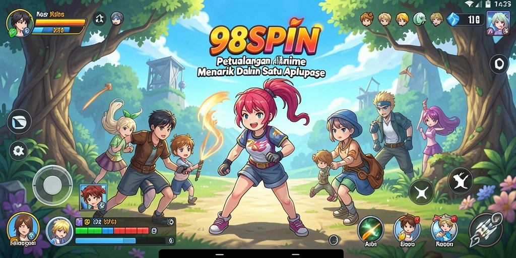 Tampilan gameplay 98SPIN yang penuh warna dengan karakter anime ikonik.