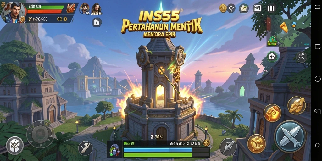 Screenshot INS55 menampilkan aksi pertahanan menara yang seru.