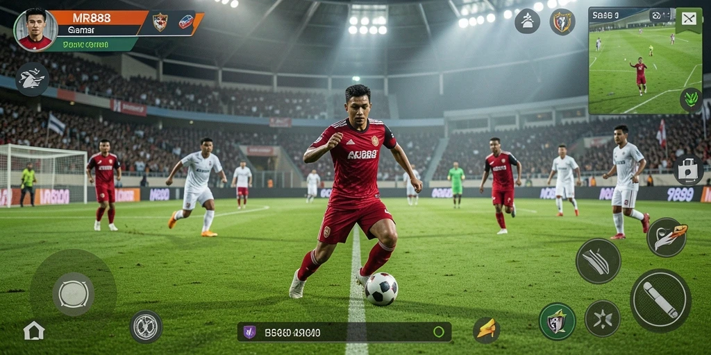 Tampilan gameplay seru dari MR888 dengan aksi sepak bola yang mendebarkan.