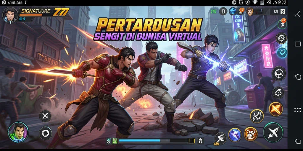 Screenshot gameplay SIGNATURE77 yang menunjukkan pertarungan epik antar karakter.